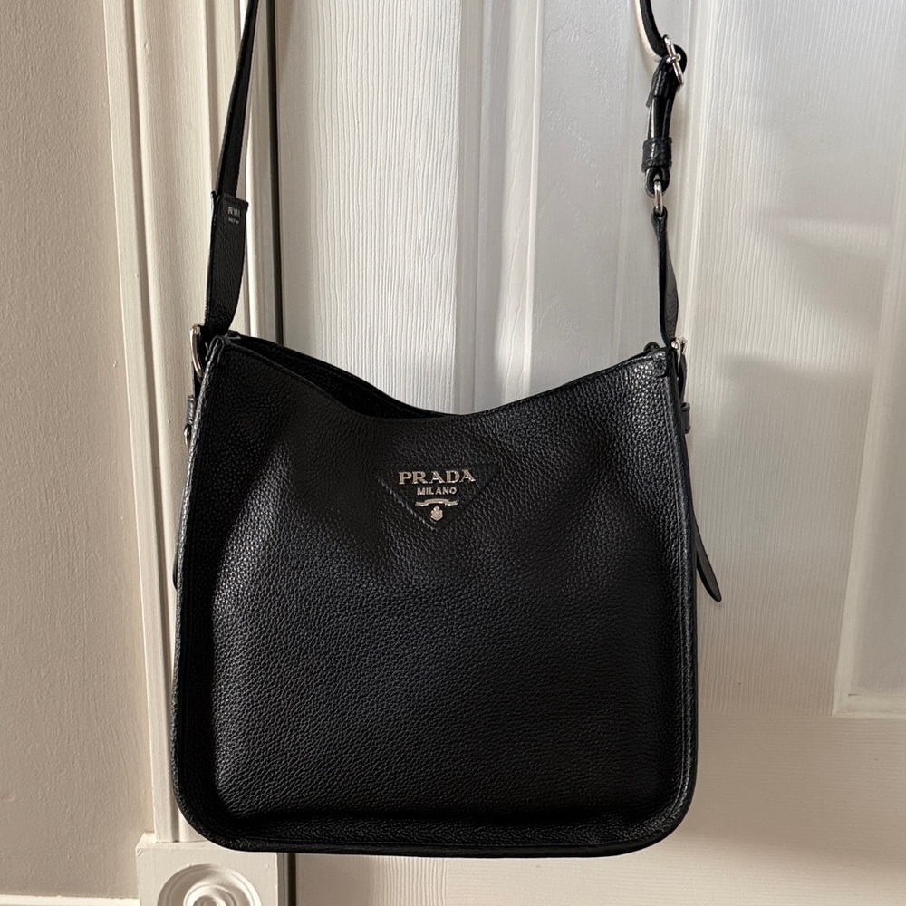 Prada Vitelli Daino Black Pebbled Leather Shoulder Bag with Silver Logo